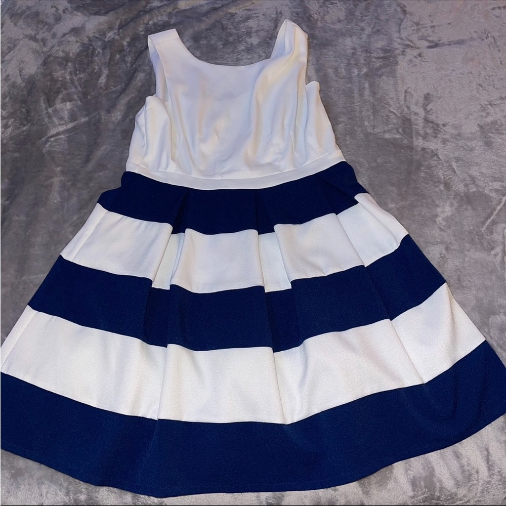 Aniina Circle midi white dress with navy blue stripes